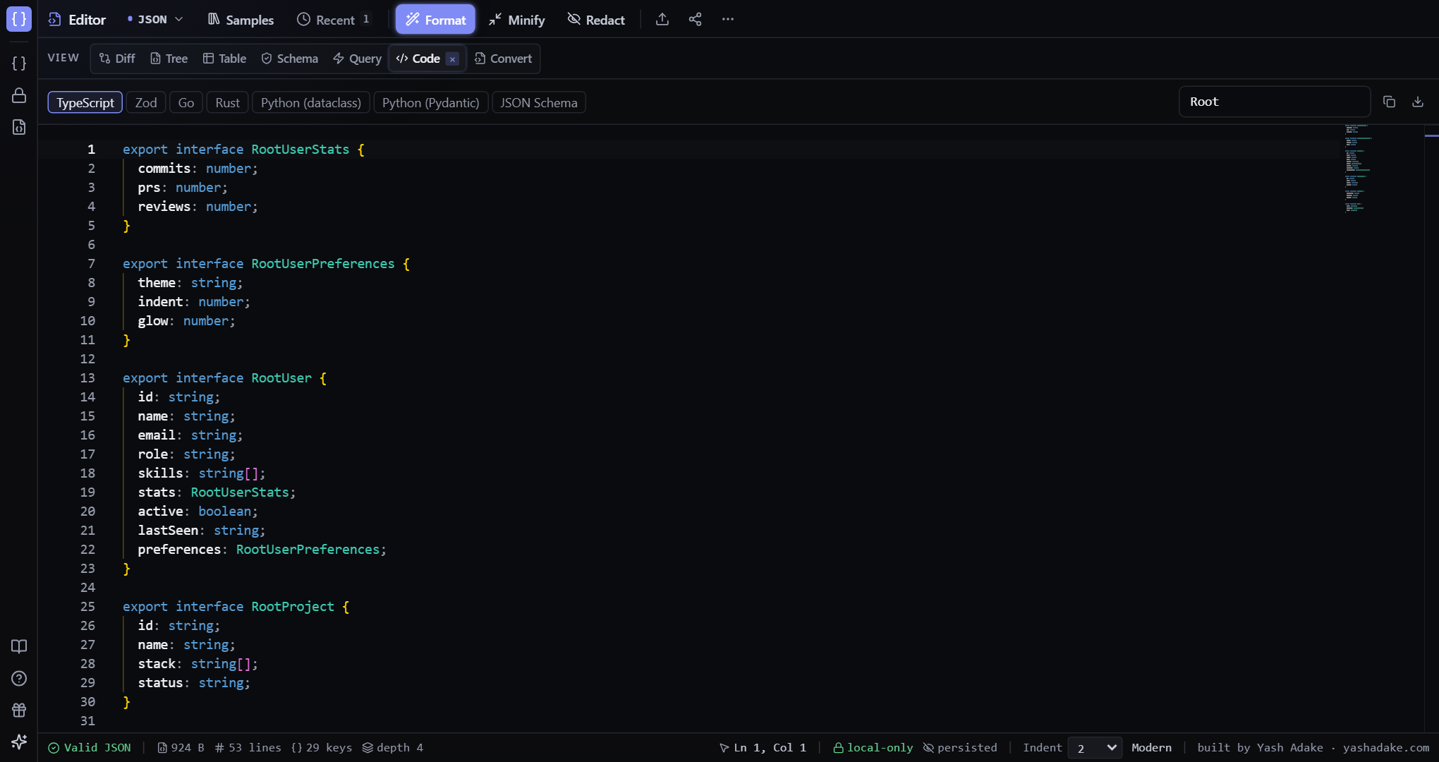 Code view generating TypeScript interfaces from the sample JSON