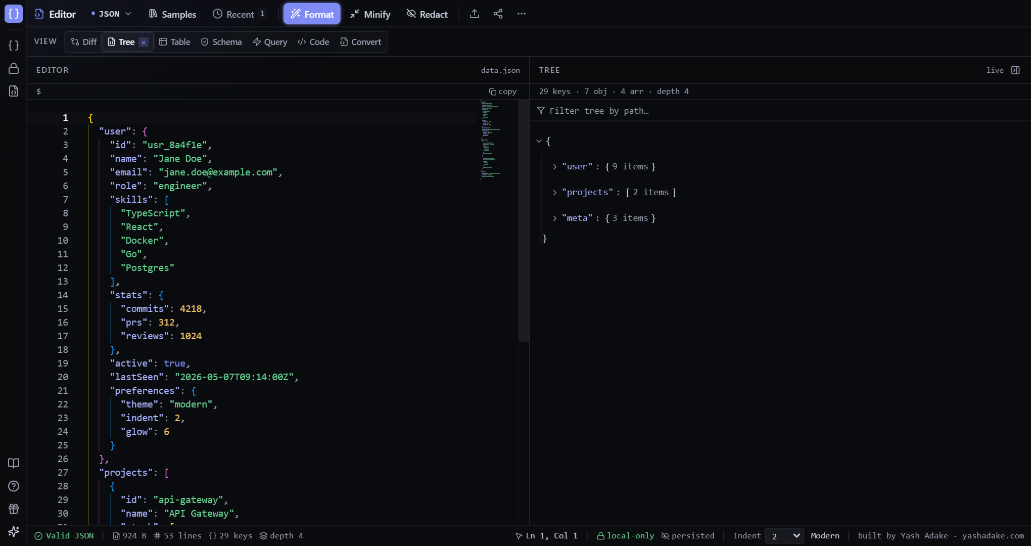 The MyJSON editor showing a formatted JSON document with the toolbar and status bar