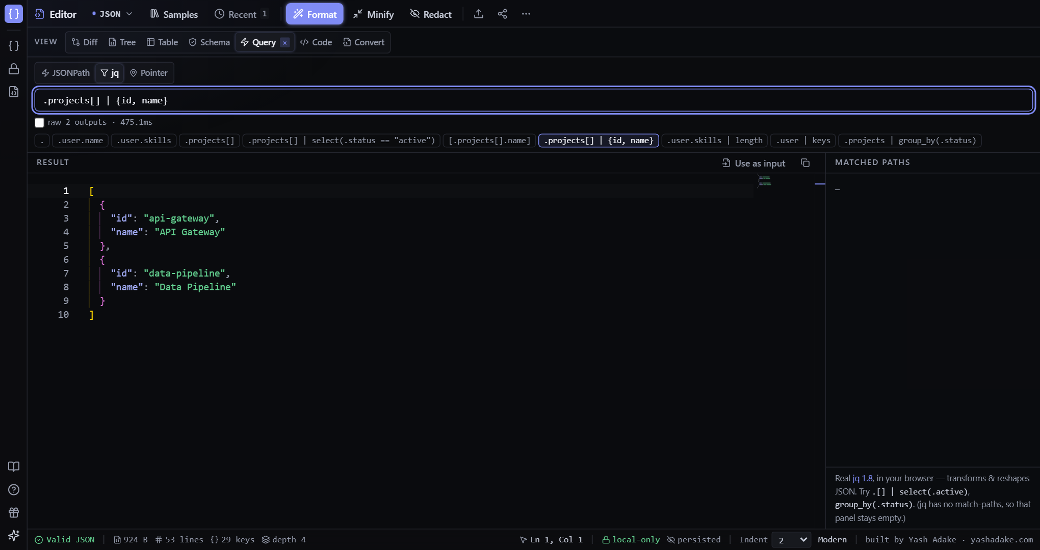 jq query .projects[] | {id, name} returning two reshaped objects