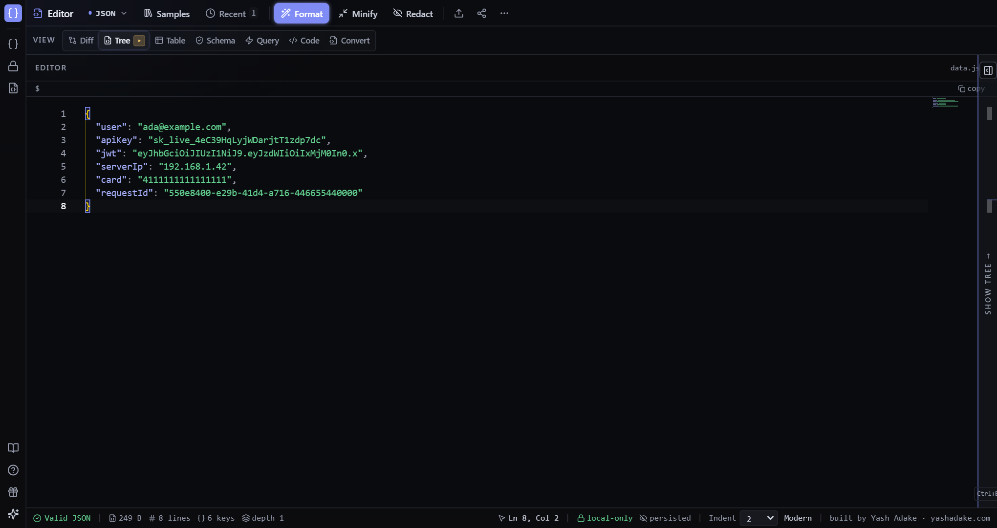 Editor showing a document full of secrets — email, API key, JWT, IP, card number, UUID