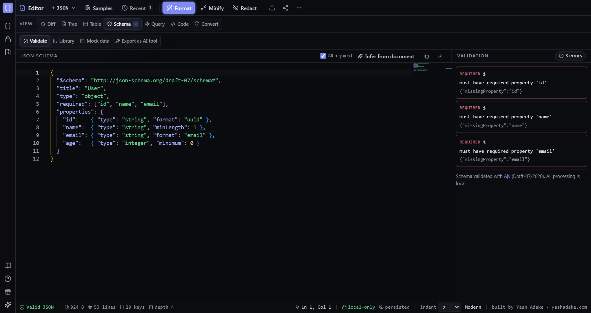 Schema workbench validating the sample document