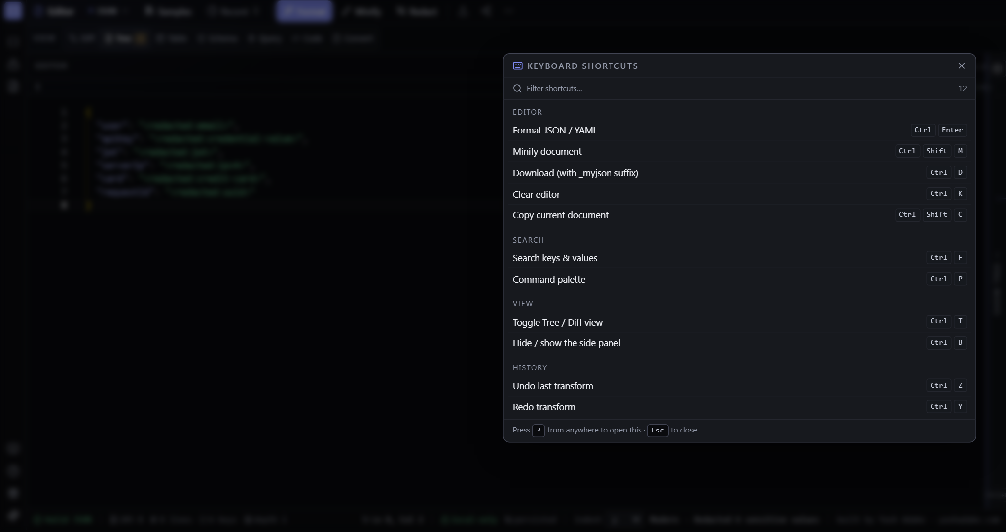 The keyboard shortcuts cheatsheet overlay