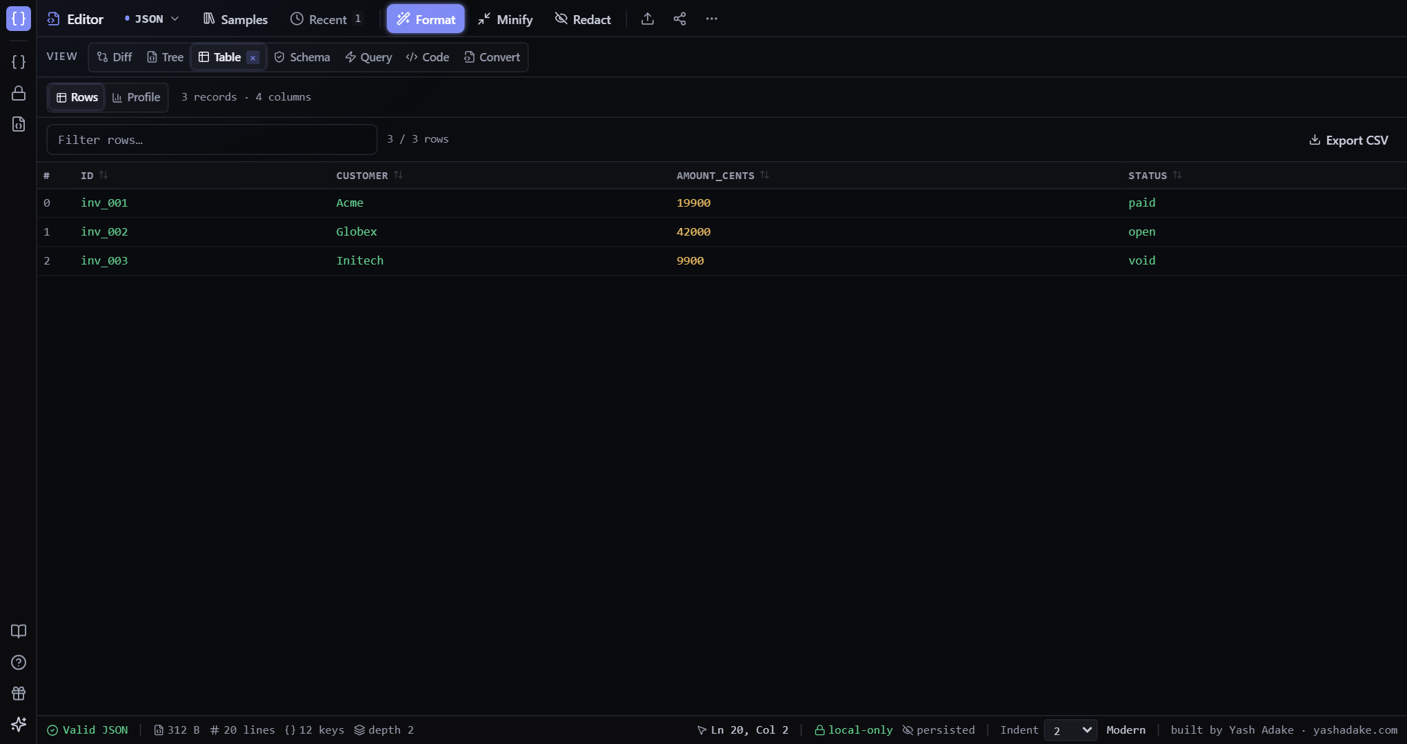Table view of an array of invoice objects with sortable columns