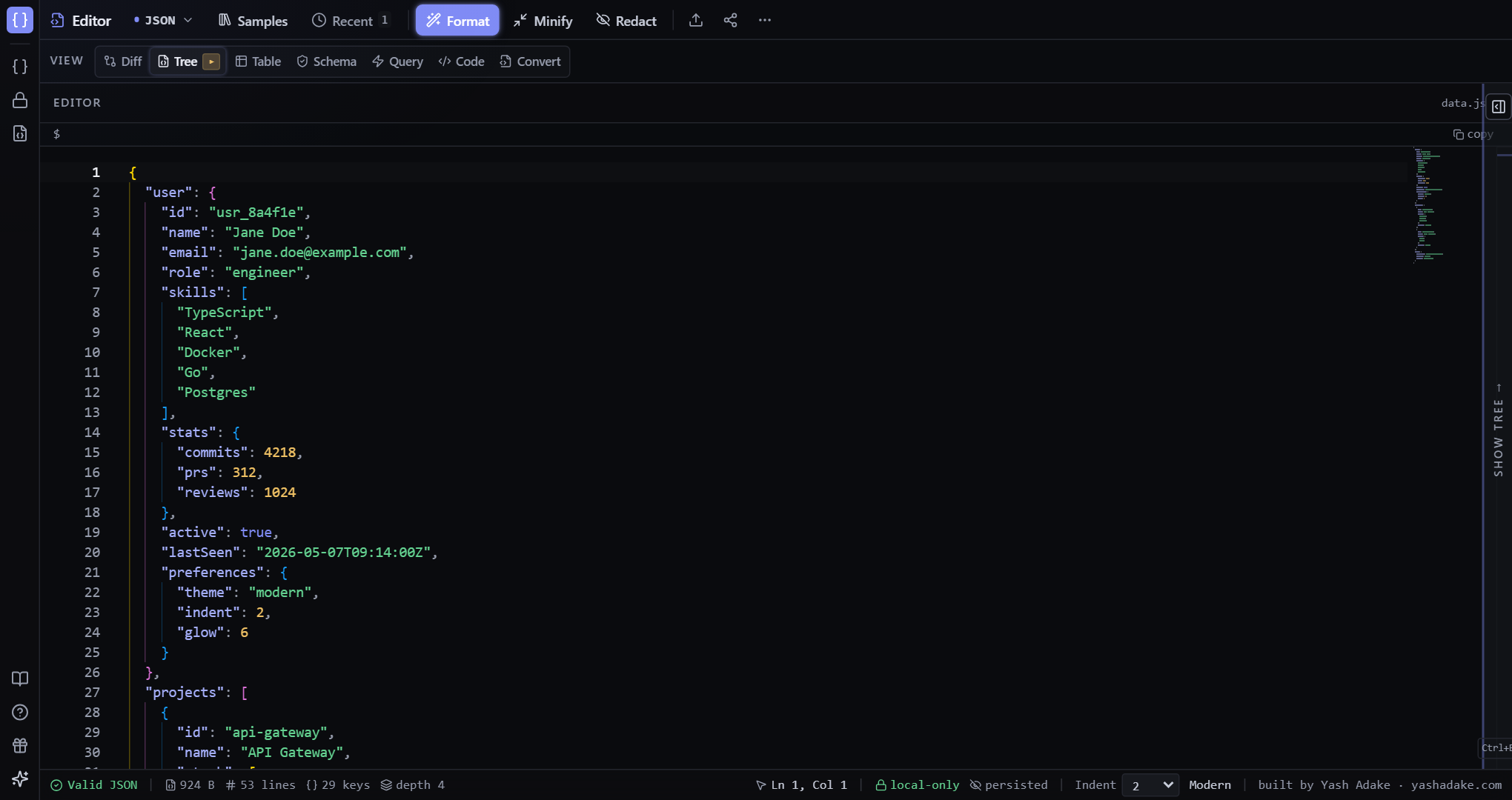 Tree view with expandable nodes and the editor on the left